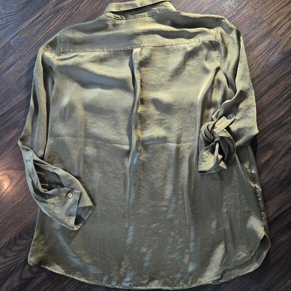 DKNY Classic Style Olive Green Satin Tunic Blouse SIZE XL - Picture 2 of 8